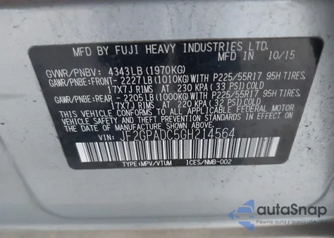 2016 Subaru Crosstrek 2.0I Premium z USA, uszkodzony, nr VIN JF2GPADC5GH214564